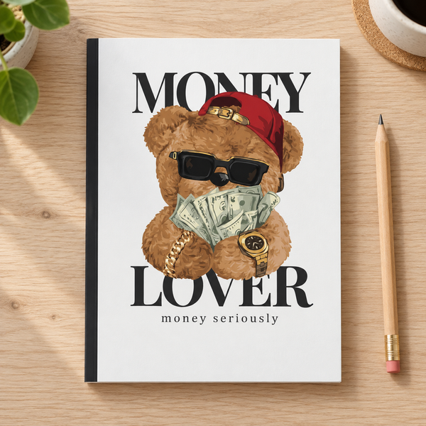 Money Lover: 8x10 Composition Book, Notebook, Journal by Kim Bang Gu: Teddy Series: College Ruled Black and White Notebook — lifestyle mockup