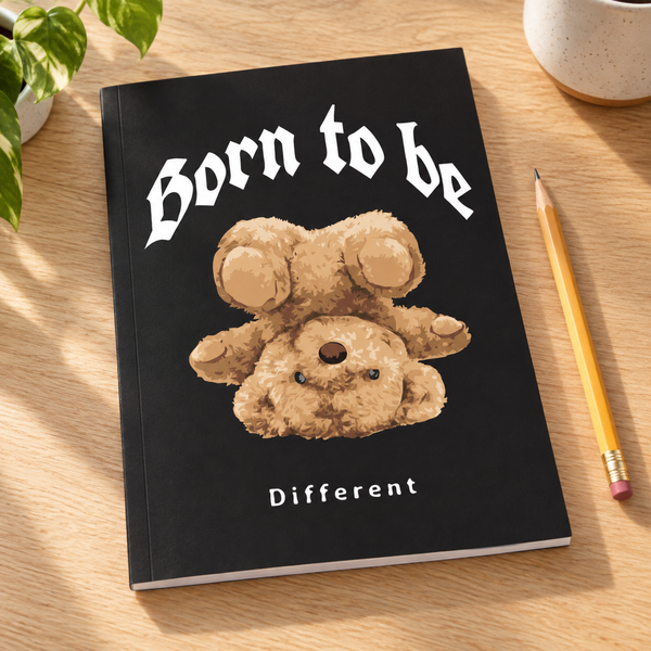 Born To Be Different : 8x 10 Composition Book, Journal: Notebook: Teddy Series: College Ruled Lined Black and White Notebook — writing desk lifestyle mockup