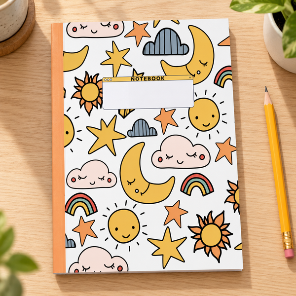 Sun and Star Design Composition Notebook: Children's Cute Sun Star Wide Ruled Notebook — lifestyle mockup