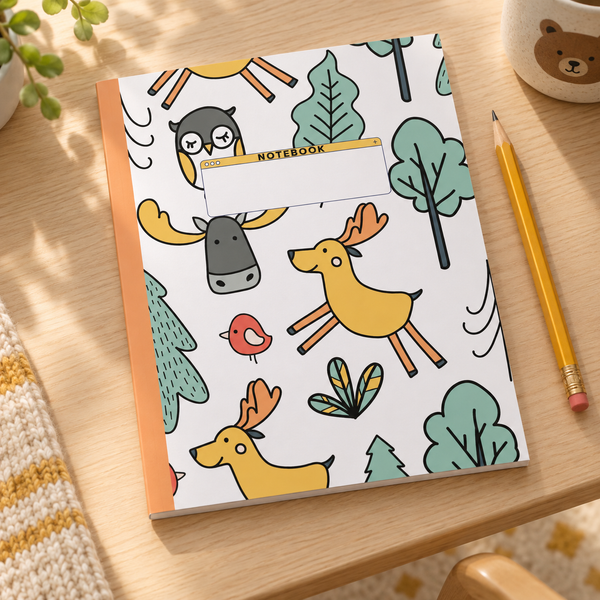 Camping Theme Children's Composition Notebook: Children's Camping Theme Wide Ruled Notebook — writing desk lifestyle mockup