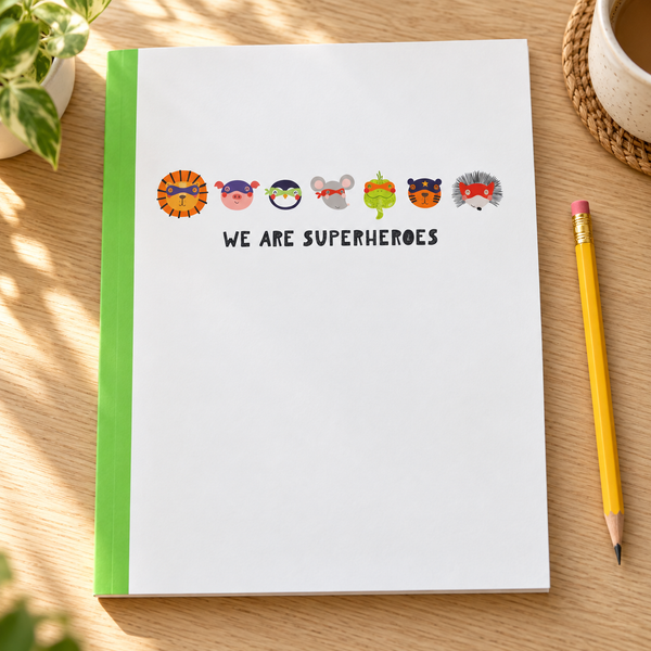Cute Superheroes: Wide Ruled Lined Notebook (Composition Book, Journal) (8x10): Great for Writers, Notetakers, Journal Keepers — lifestyle mockup