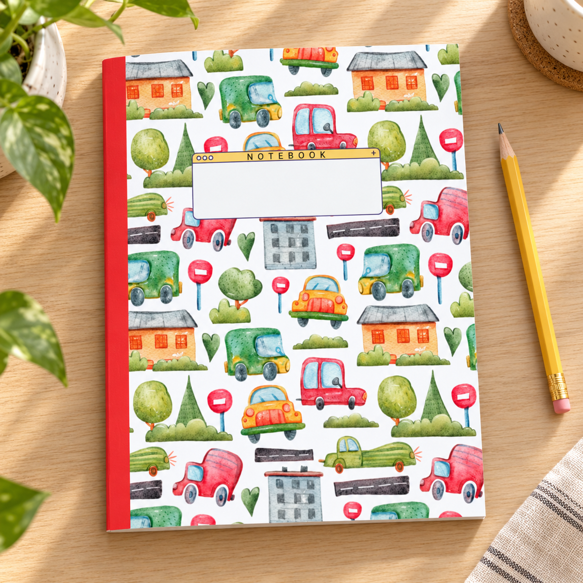 Happy Spring Town: Wide Ruled Lined Notebook (Composition Notebook, Journal) (8x10): Great for Writers, Notetakers, Journal Keepers — lifestyle mockup