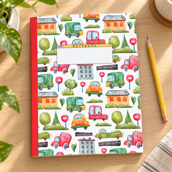 Happy Spring Town: Wide Ruled Lined Notebook (Composition Notebook, Journal) (8x10): Great for Writers, Notetakers, Journal Keepers — lifestyle mockup