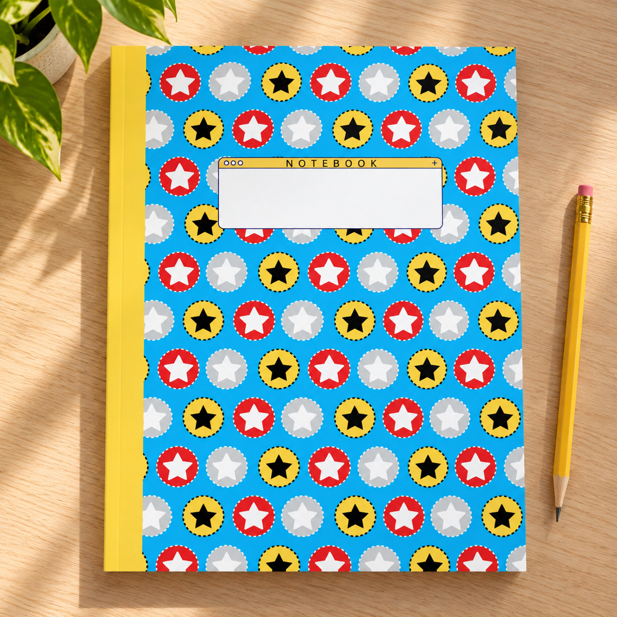 Energetic Super Stars: Wide Ruled Lined Notebook (Composition Book, Journal) (8x10): Great for Writers, Notetakers, Journal Keepers — lifestyle mockup