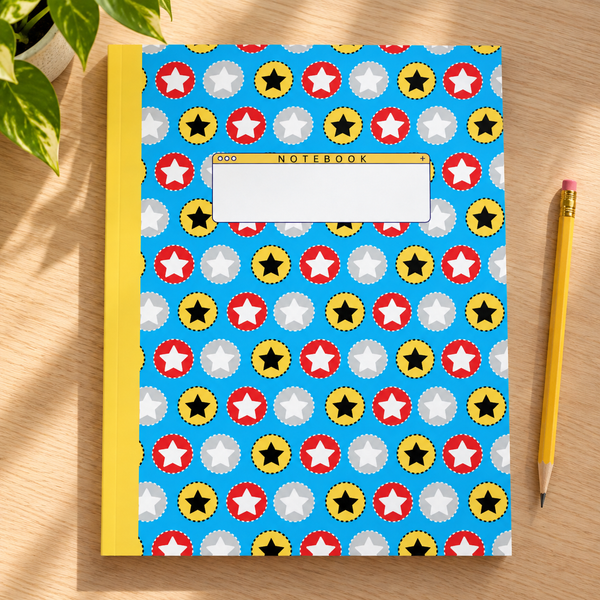 Energetic Super Stars: Wide Ruled Lined Notebook (Composition Book, Journal) (8x10): Great for Writers, Notetakers, Journal Keepers — lifestyle mockup
