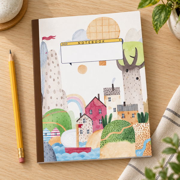 Happy Little Town: Wide Ruled Lined Notebook (Composition Notebook,Journal) (8x10): Great for Writers, Notetakers, Journal Keepers — lifestyle mockup