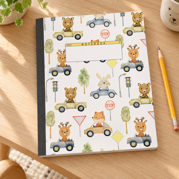 Cute Animal Drivers: Wide Ruled Lined Notebook (Composition Notebook, Journal) (8x10): Great for Writers, Notetakers, Journal Keepers — writing desk lifestyle mockup