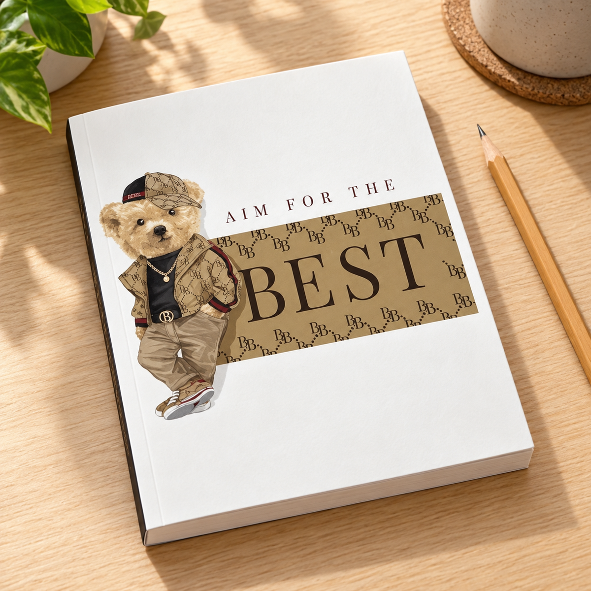 Aim for the Best — Teddy Composition Notebook — lifestyle mockup