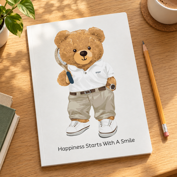 Happiness Starts With A Smile — notebook on a sunlit writing desk