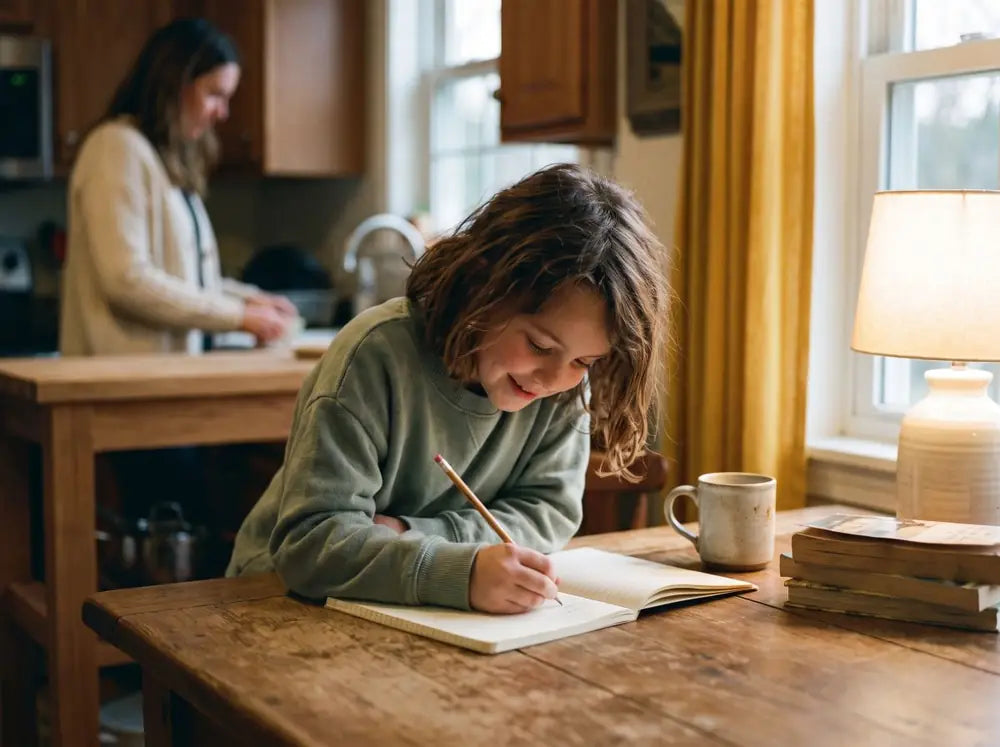 A girl writing in her notebook at the kitchen table